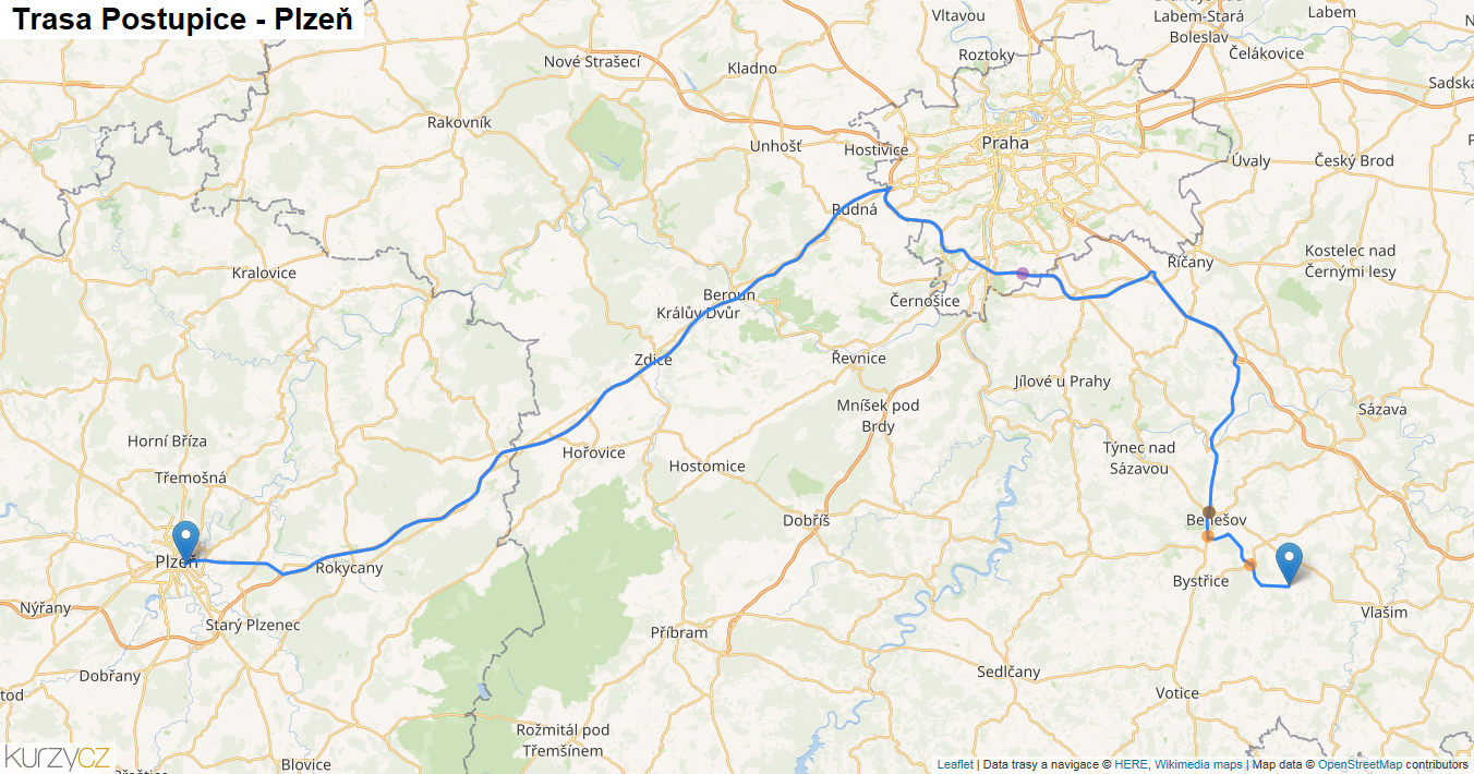 Postupice-Plzeň, mapa trasy