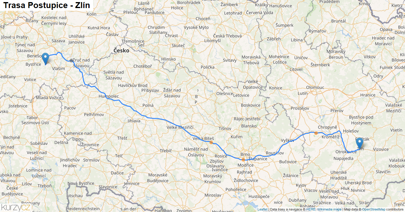 Postupice-Zlín, mapa trasy