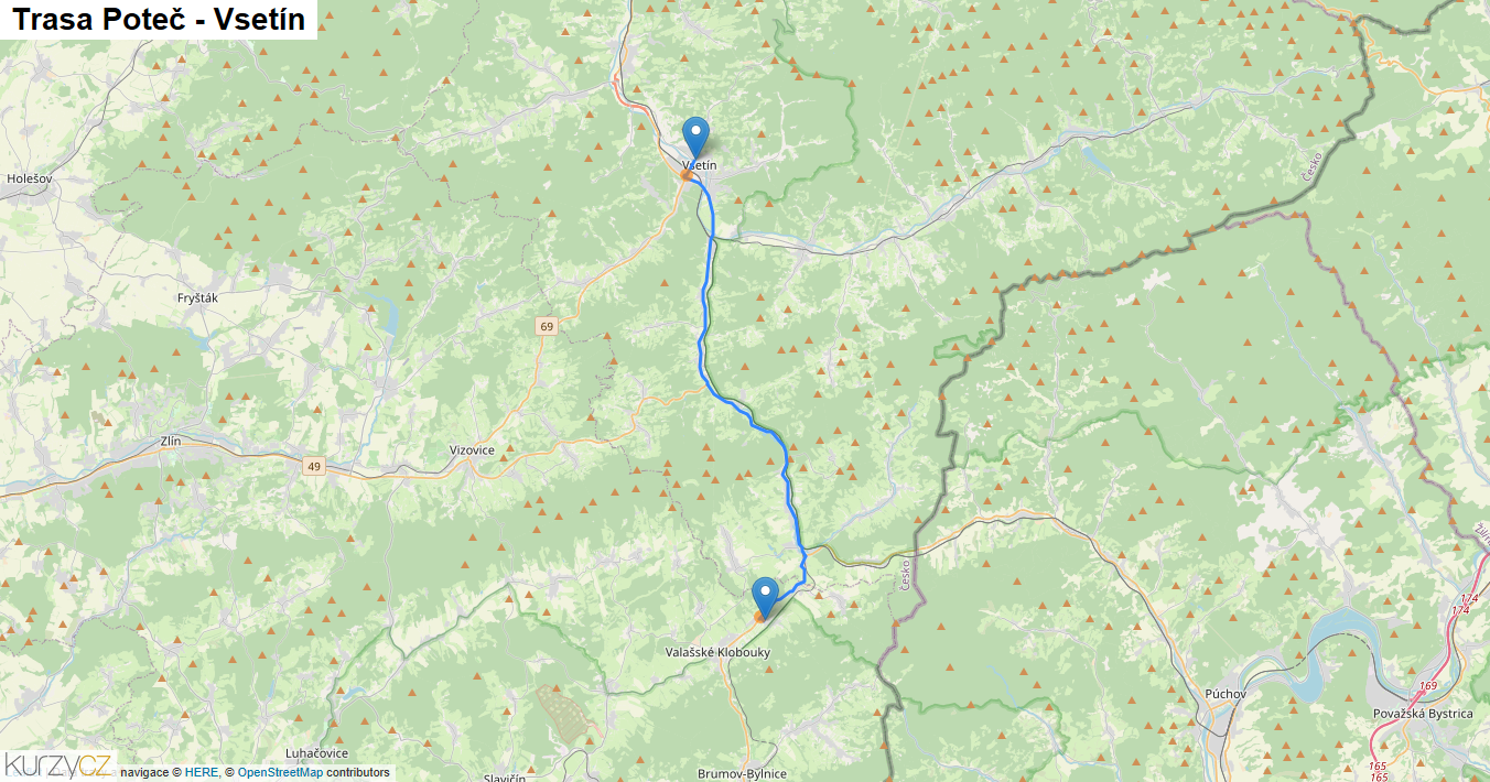 Poteč-Vsetín, mapa trasy