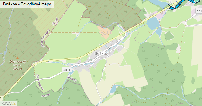 Boškov - záplavové mapy stoleté vody