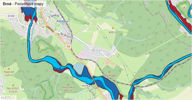 Brná - záplavové mapy stoleté vody