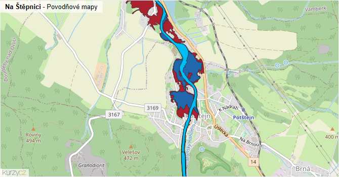 Na Štěpnici - záplavové mapy stoleté vody