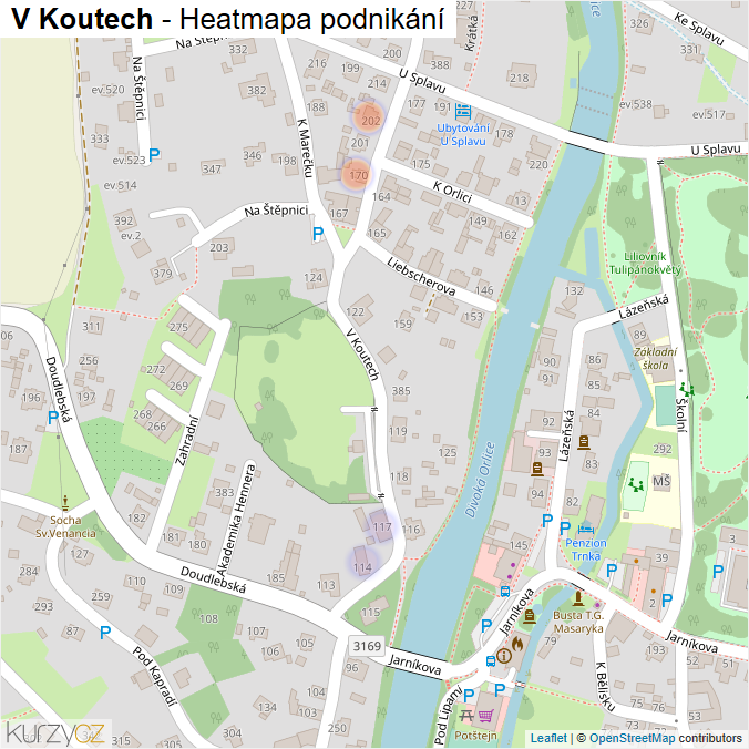 Mapa V Koutech - Firmy v ulici.