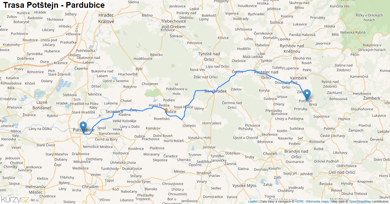 Potštejn-Pardubice, mapa trasy
