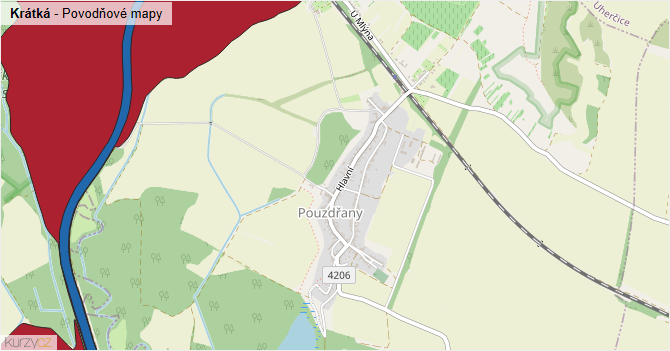 Krátká - záplavové mapy stoleté vody