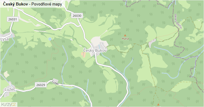 Český Bukov - záplavové mapy stoleté vody