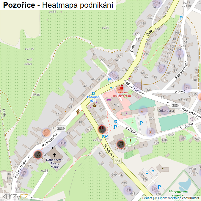 Mapa Pozořice - Firmy v obci.