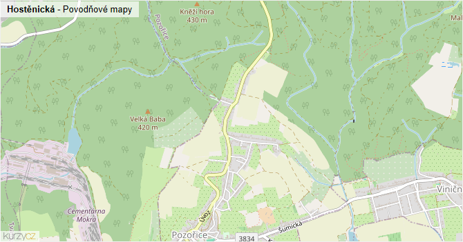 Hostěnická - záplavové mapy stoleté vody