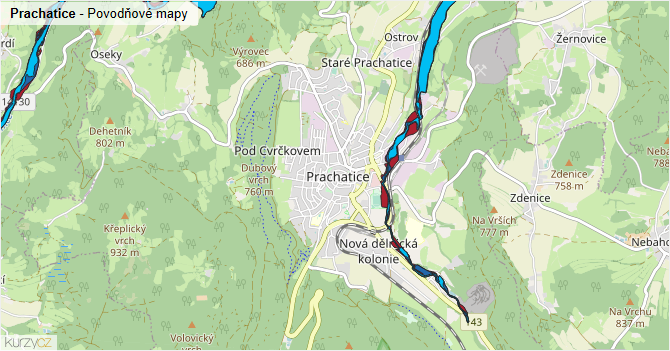 Prachatice - záplavové mapy stoleté vody