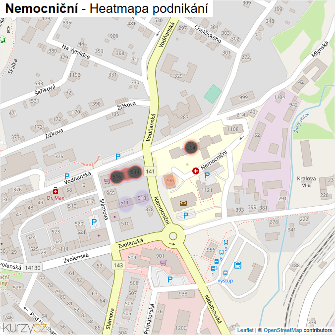 Mapa Nemocniční - Firmy v ulici.