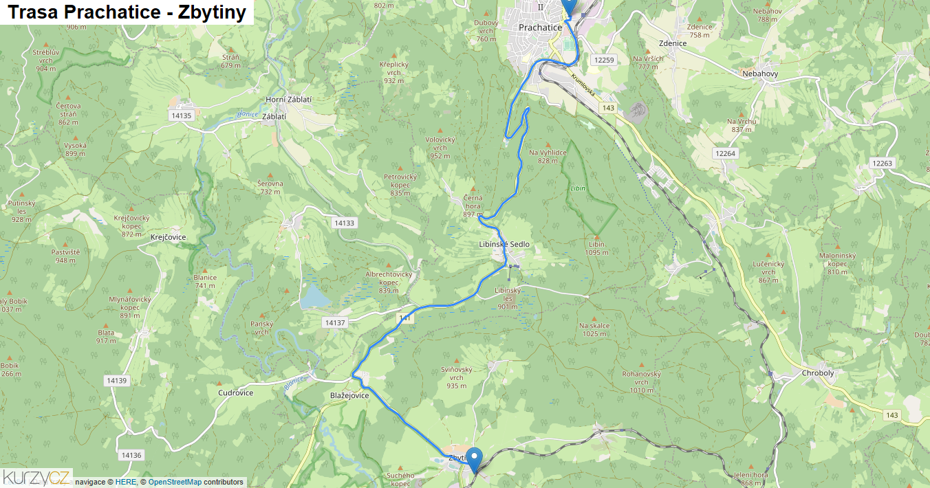 Prachatice-Zbytiny, mapa trasy