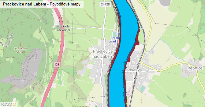 Prackovice nad Labem - záplavové mapy stoleté vody