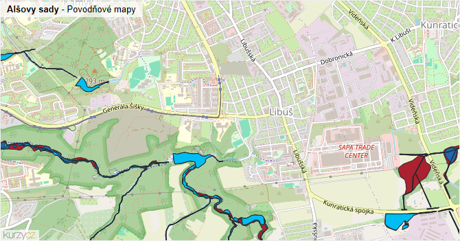Alšovy sady - záplavové mapy stoleté vody