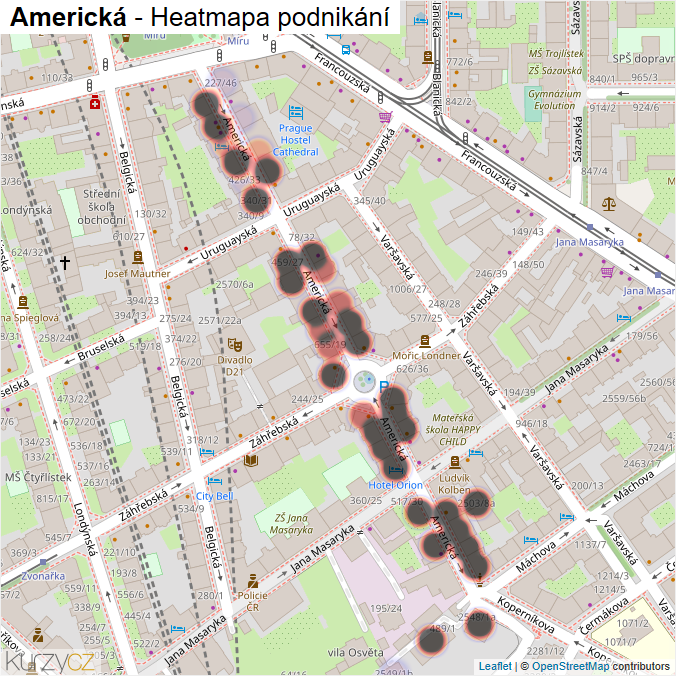 Mapa Americká - Firmy v ulici.