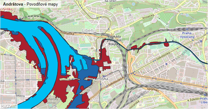 Andrštova - záplavové mapy stoleté vody