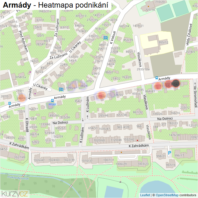Mapa Armády - Firmy v ulici.