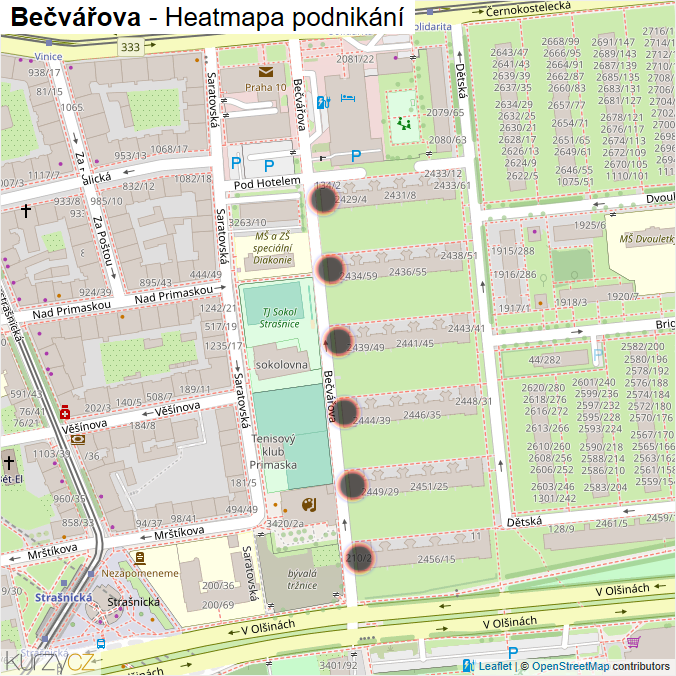 Mapa Bečvářova - Firmy v ulici.