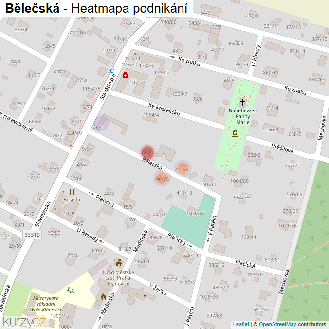 Mapa Bělečská - Firmy v ulici.