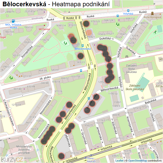 Mapa Bělocerkevská - Firmy v ulici.