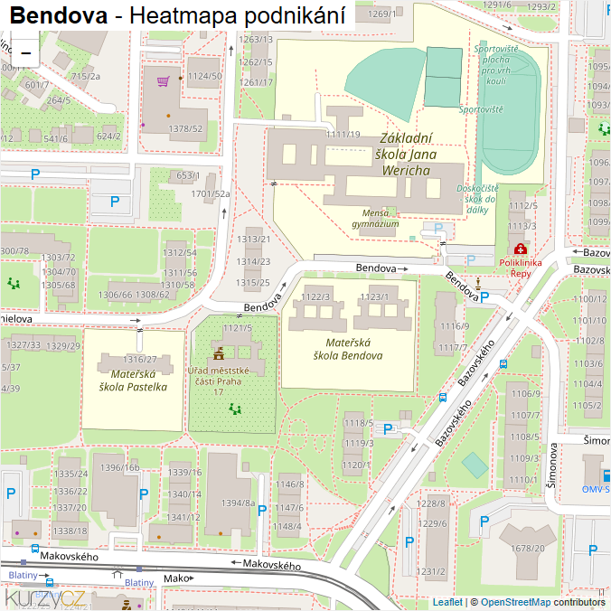 Mapa Bendova - Firmy v ulici.