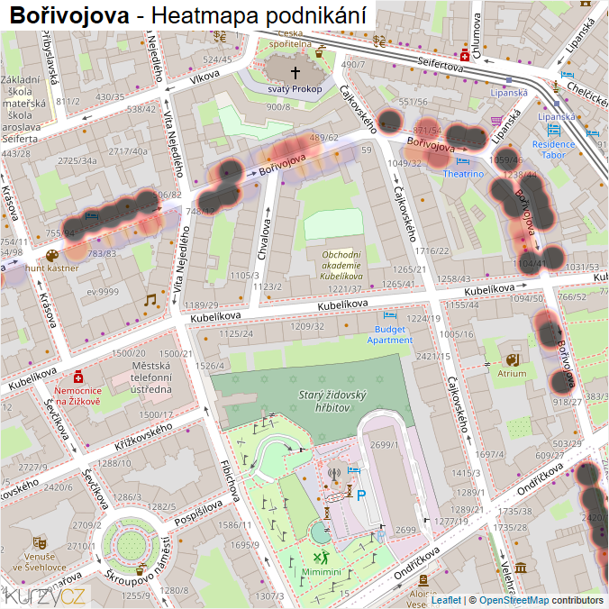 Mapa Bořivojova - Firmy v ulici.