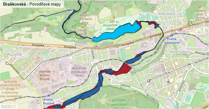 Braškovská - záplavové mapy stoleté vody