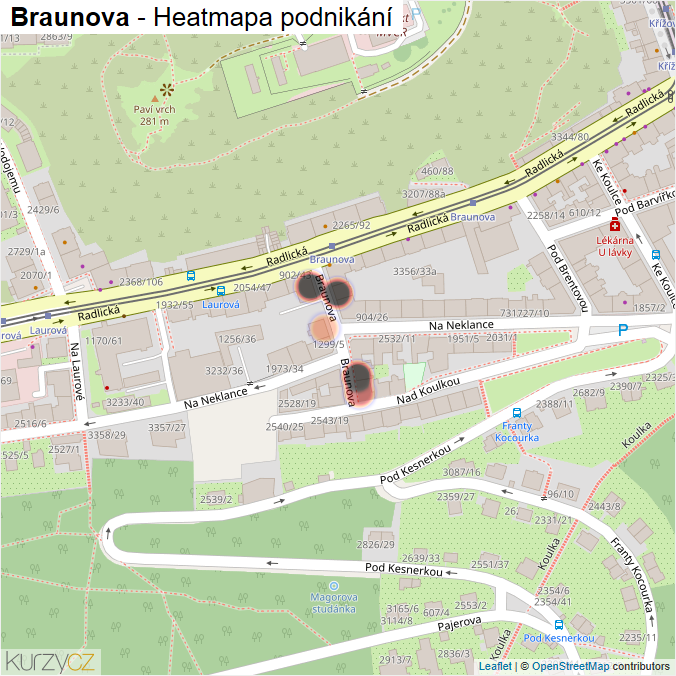 Mapa Braunova - Firmy v ulici.