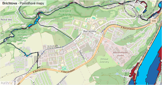Brichtova - záplavové mapy stoleté vody