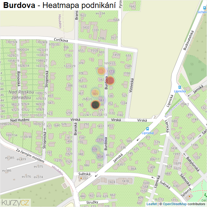 Mapa Burdova - Firmy v ulici.