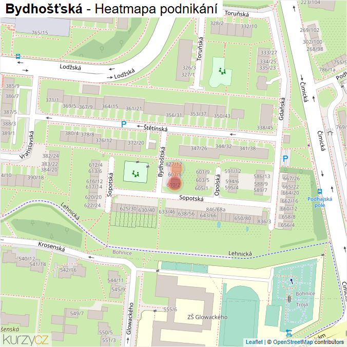Mapa Bydhošťská - Firmy v ulici.