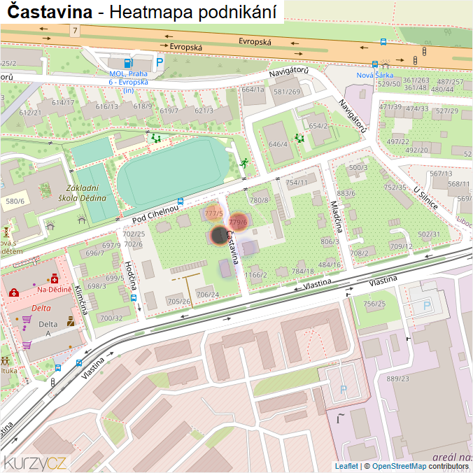Mapa Častavina - Firmy v ulici.