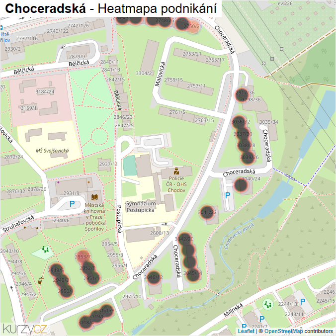 Mapa Choceradská - Firmy v ulici.