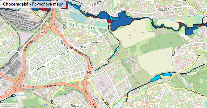 Choceradská - záplavové mapy stoleté vody