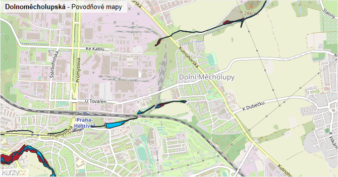 Dolnoměcholupská - záplavové mapy stoleté vody