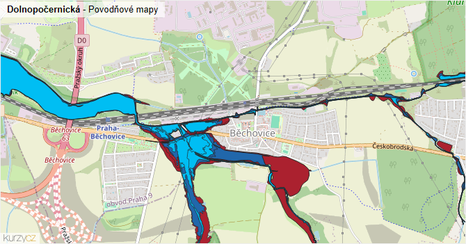 Dolnopočernická - záplavové mapy stoleté vody