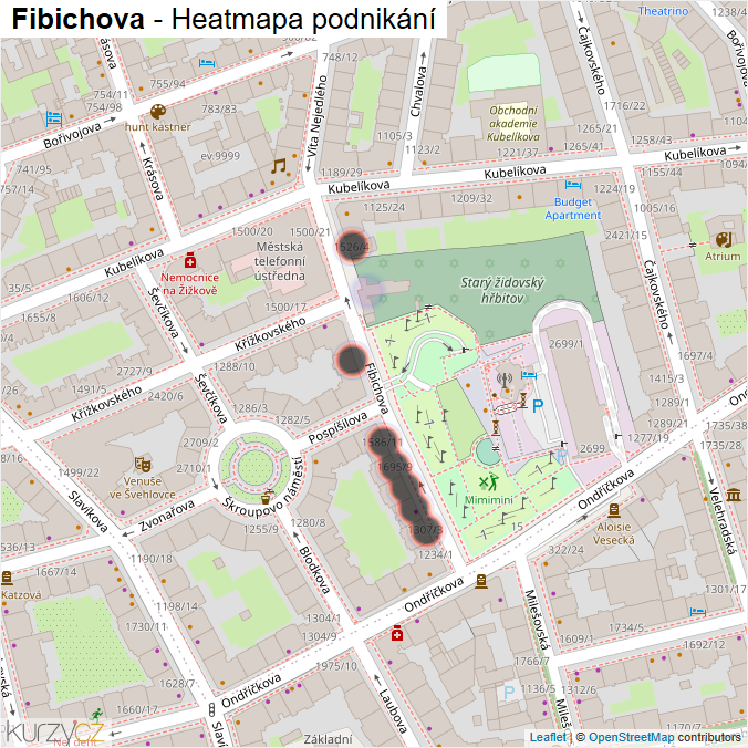 Mapa Fibichova - Firmy v ulici.