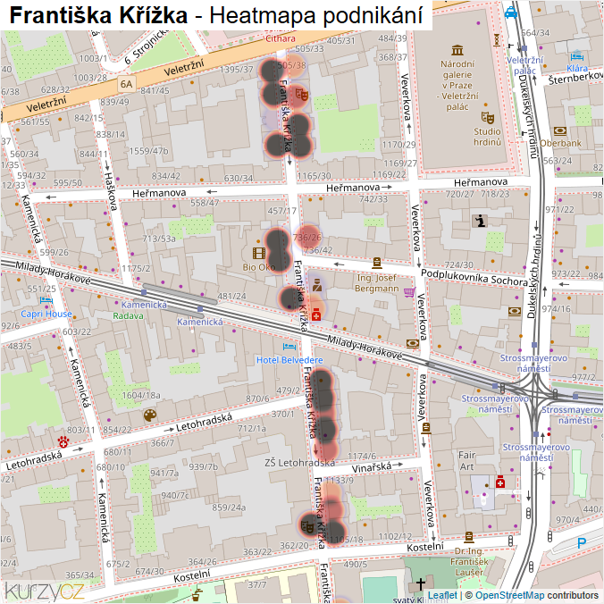 Mapa Františka Křížka - Firmy v ulici.