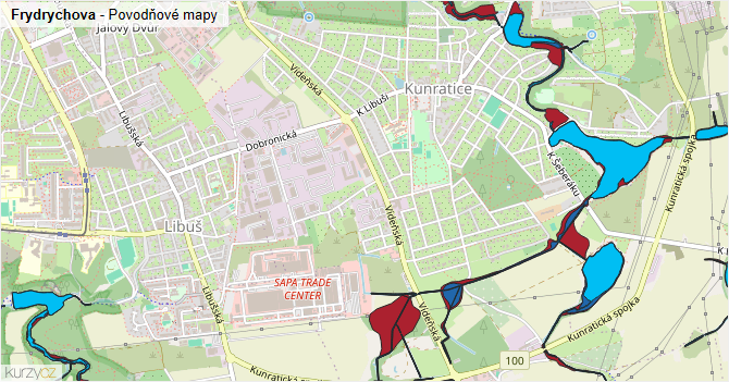 Frydrychova - záplavové mapy stoleté vody