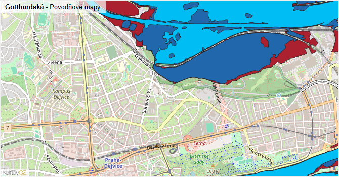 Gotthardská - záplavové mapy stoleté vody