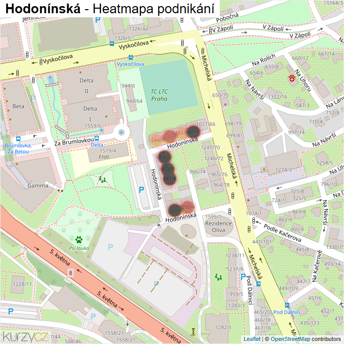 Mapa Hodonínská - Firmy v ulici.