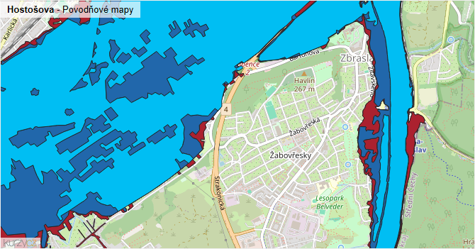 Hostošova - záplavové mapy stoleté vody