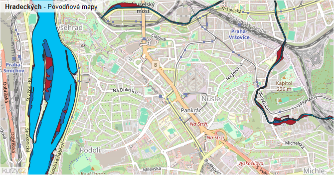 Hradeckých - záplavové mapy stoleté vody