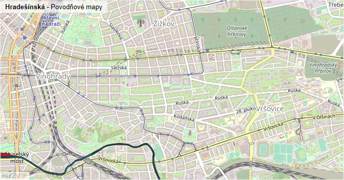 Hradešínská - záplavové mapy stoleté vody