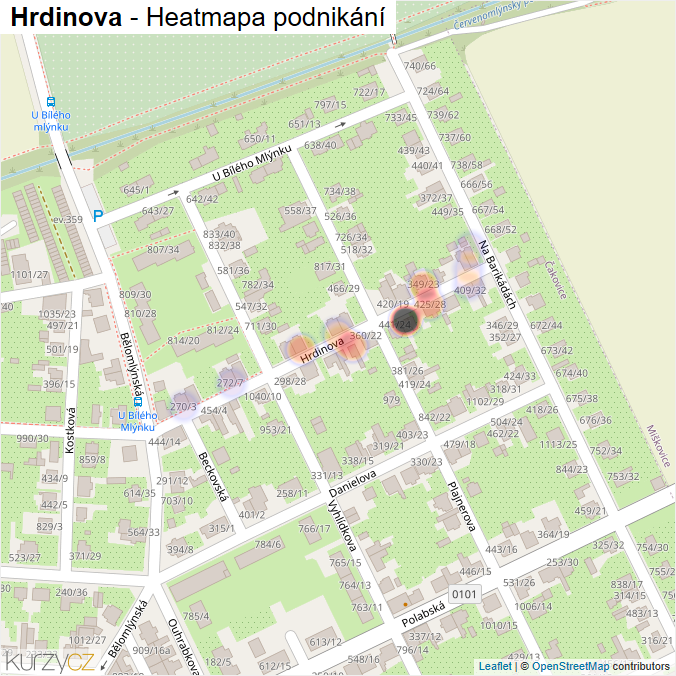 Mapa Hrdinova - Firmy v ulici.