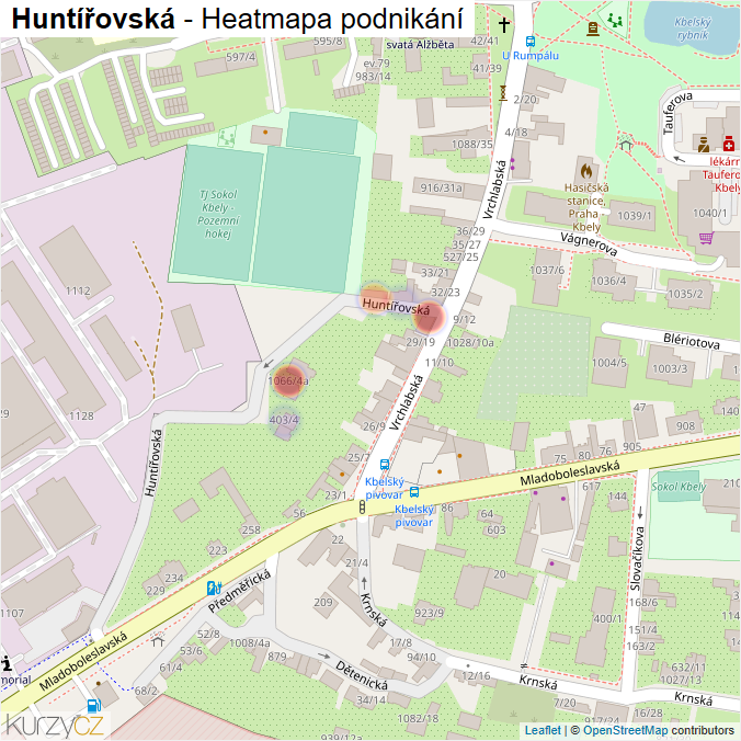 Mapa Huntířovská - Firmy v ulici.