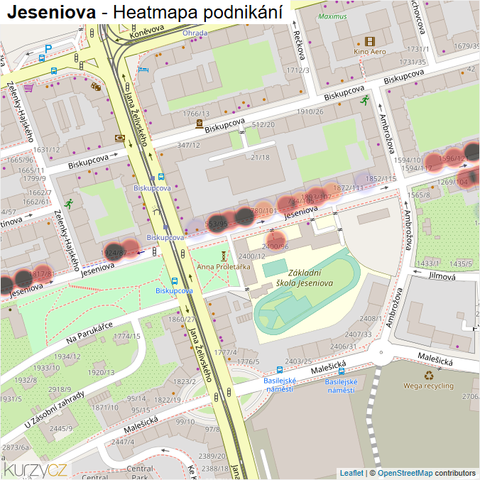 Mapa Jeseniova - Firmy v ulici.