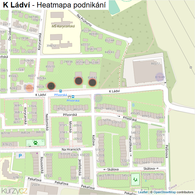 Mapa K Ládví - Firmy v ulici.