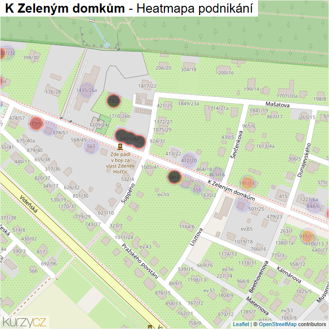 Mapa K Zeleným domkům - Firmy v ulici.