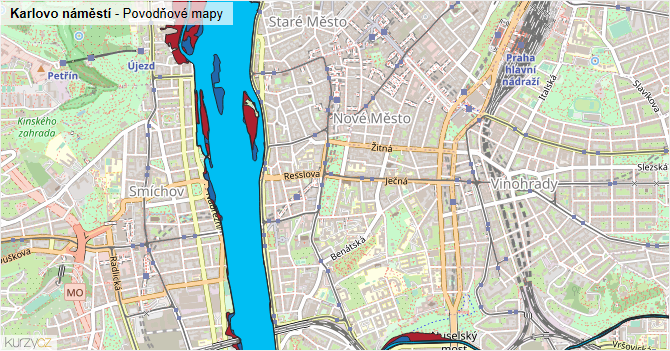 Karlovo náměstí - záplavové mapy stoleté vody