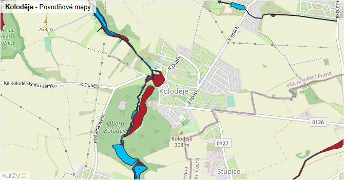 Koloděje - záplavové mapy stoleté vody
